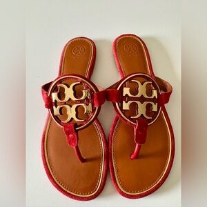 Tory Burch Metal Miller Nat Suede Red Apple / Gold 9.5 M